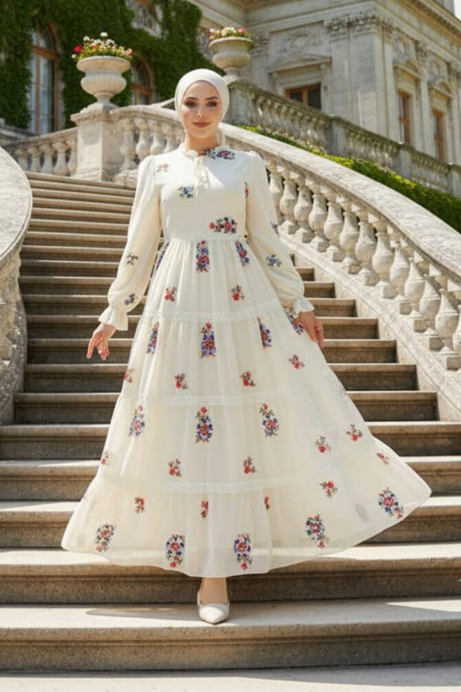Modest Ecru Floral Maxi Dress 32816E - 1