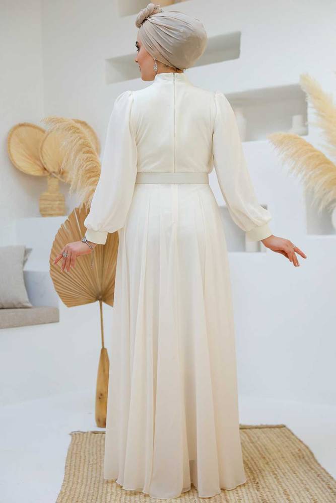 Modest Ecru Islamic Clothing Evening Dress 46301E - 4