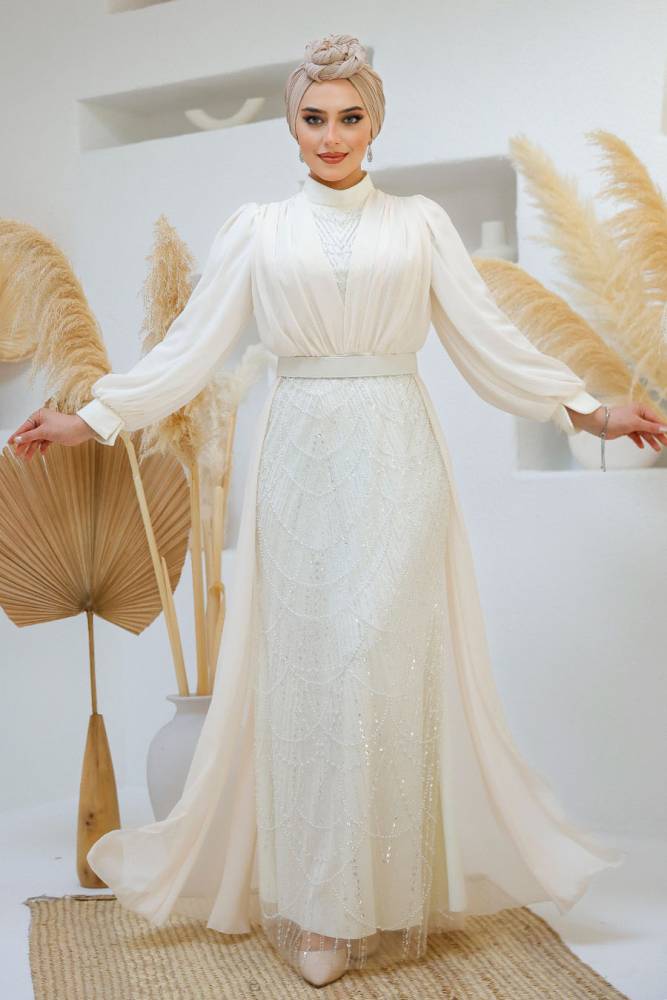 Modest Ecru Islamic Clothing Evening Dress 46301E - 1