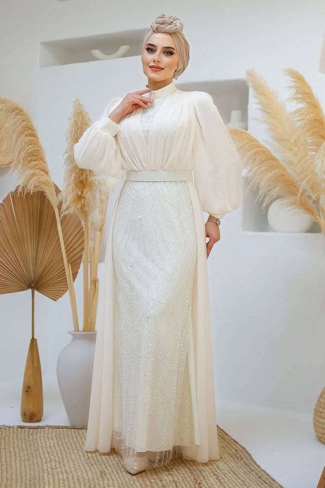 Modest Ecru Islamic Clothing Evening Dress 46301E - 3