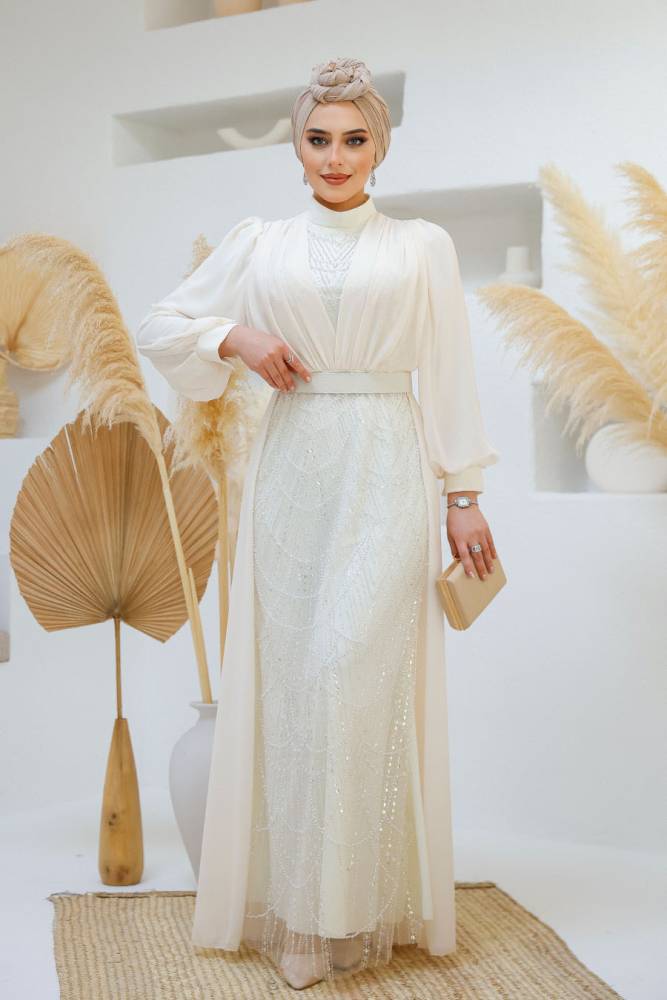 Modest Ecru Islamic Clothing Evening Dress 46301E - 2