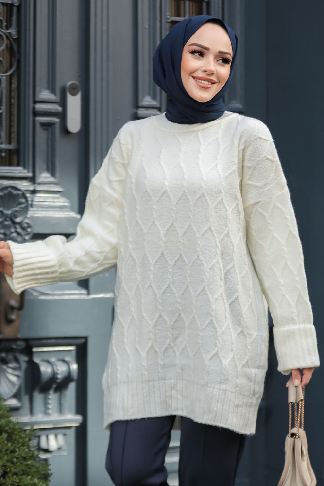Modest Ecru Knitwear Tunic 10241E - 1