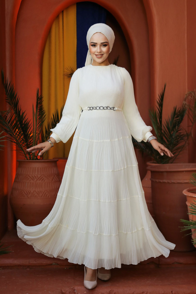 Modest Ecru Ruffle Dress 44761E - 1