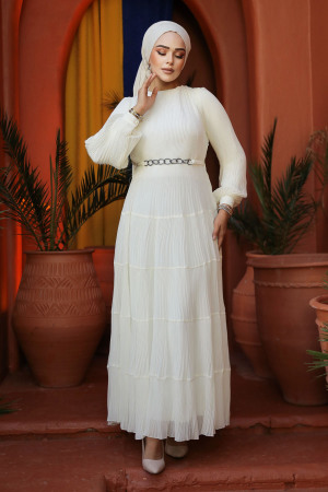 Modest Ecru Ruffle Dress 44761E - 4