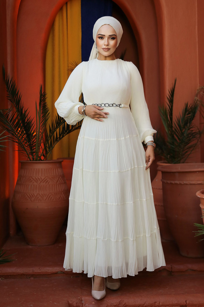 Modest Ecru Ruffle Dress 44761E - 2