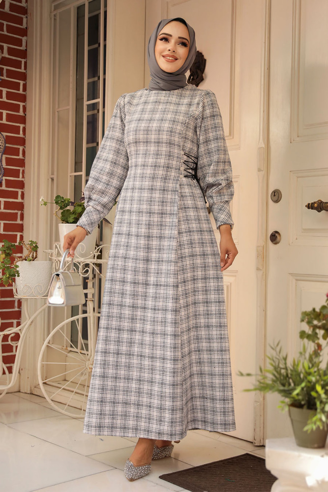 Modest Ecru Tweed Dress 61291E - 1