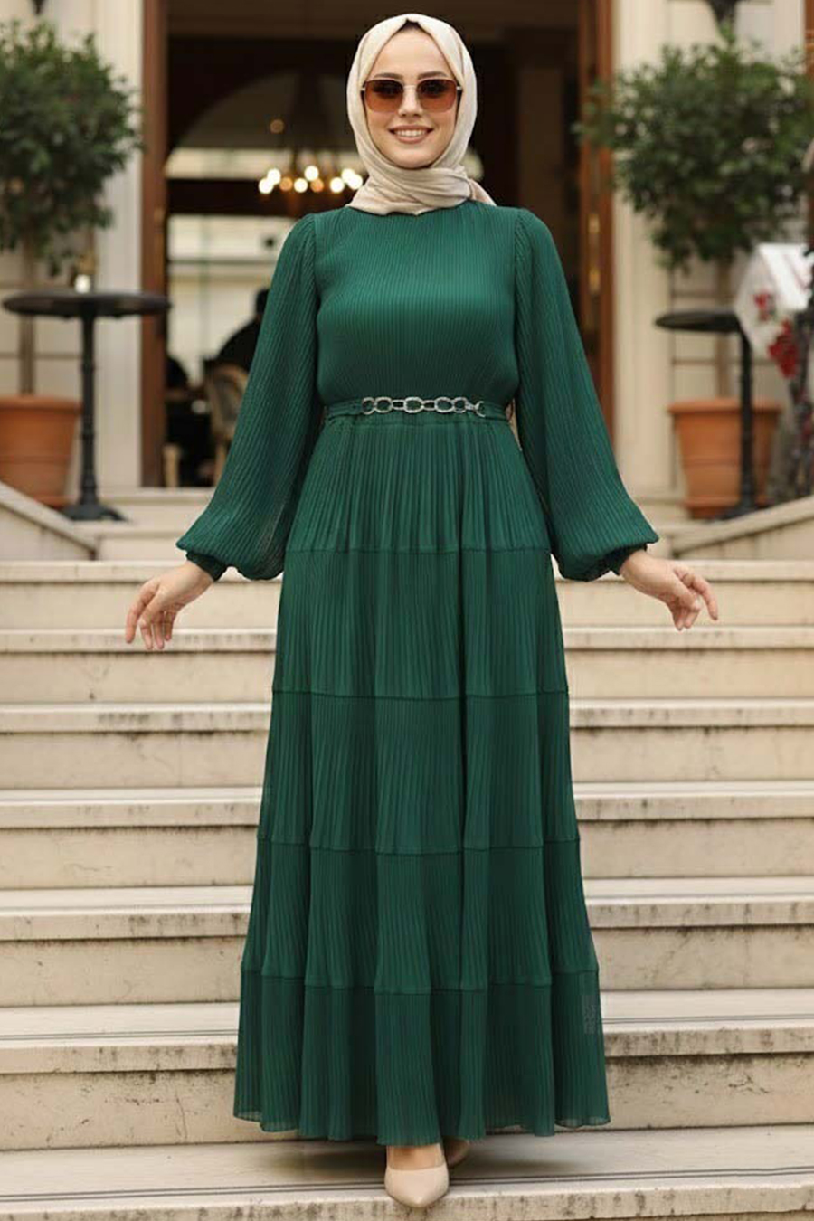 Modest Emerald Green Ruffle Dress 44761ZY - Neva-style.com