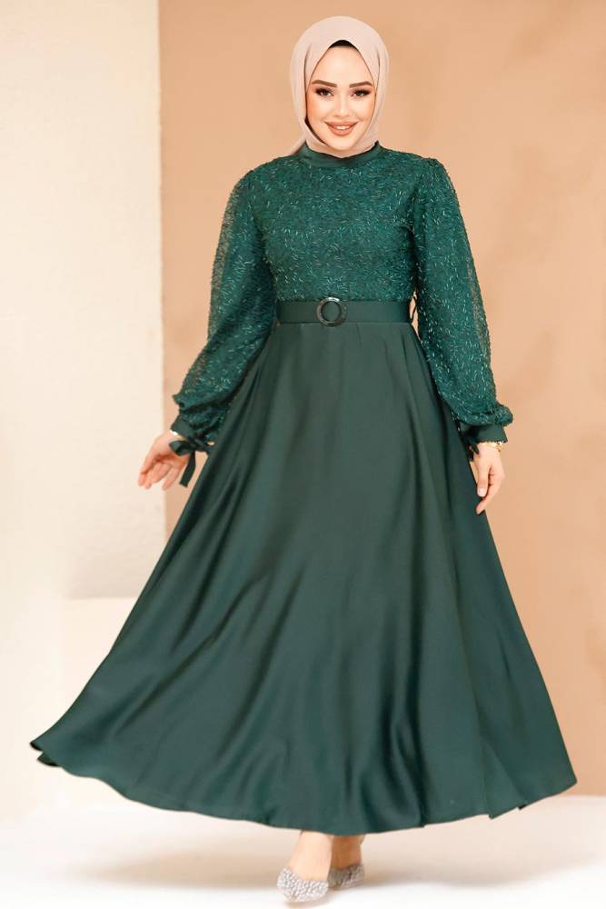 Modest Emerald Green Satin Evening Gown 6176ZY - 1