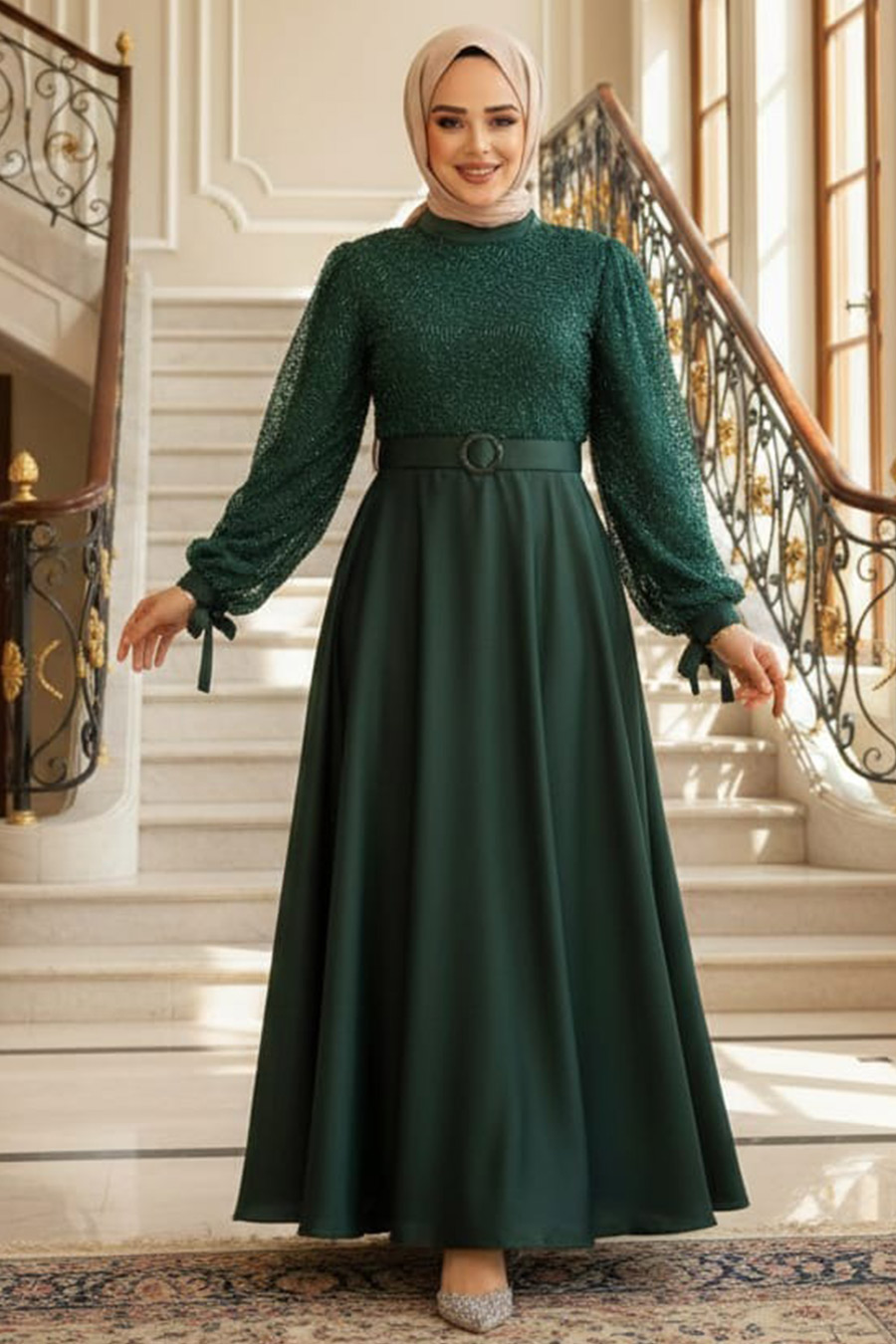 Modest Emerald Green Satin Evening Gown 6176ZY - Neva-style.com