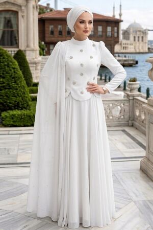 Modest Evening Dress - Adriana Ecru Pearl Detailed Pelerinli Modest Evening Dress 5680E - 1
