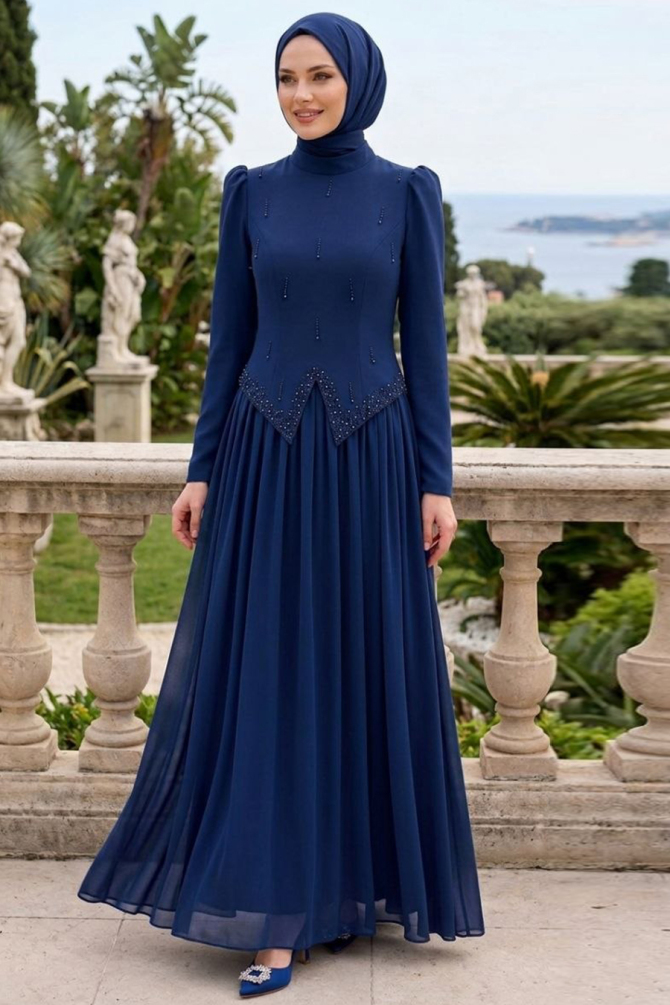 Modest Evening Dress - Adriana Koyu Indigo Blue Stone Detailed Modest Evening Dress 21592KIM - 1