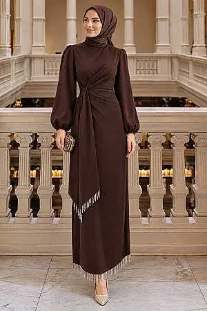 Modest Evening Dress - Balon Sleeve Dark Brown Modest Evening Dress 62251KKH 