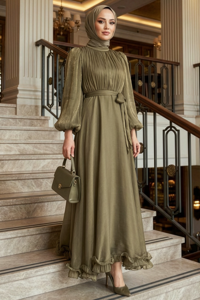 Modest Evening Dress - Balon Sleeve Khaki Modest Evening Dress 6278HK - 1