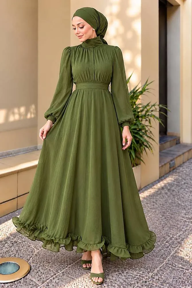 Modest Evening Dress - Balon Sleeve Khaki Modest Evening Dress 6278HK - 1