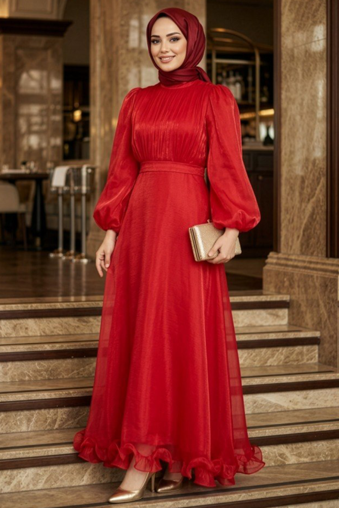 Modest Evening Dress - Balon Sleeve Red Modest Evening Dress 6278K - 2