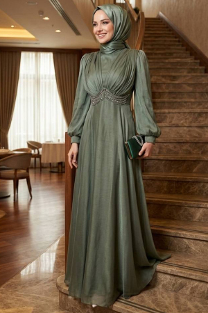 Modest Evening Dress - Bead Detailed Almond Green Modest Evening Dress 4876CY 
