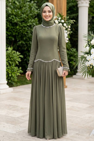 Modest Evening Dress - Bead Detailed Almond Green Modest Evening Dress 55212CY 
