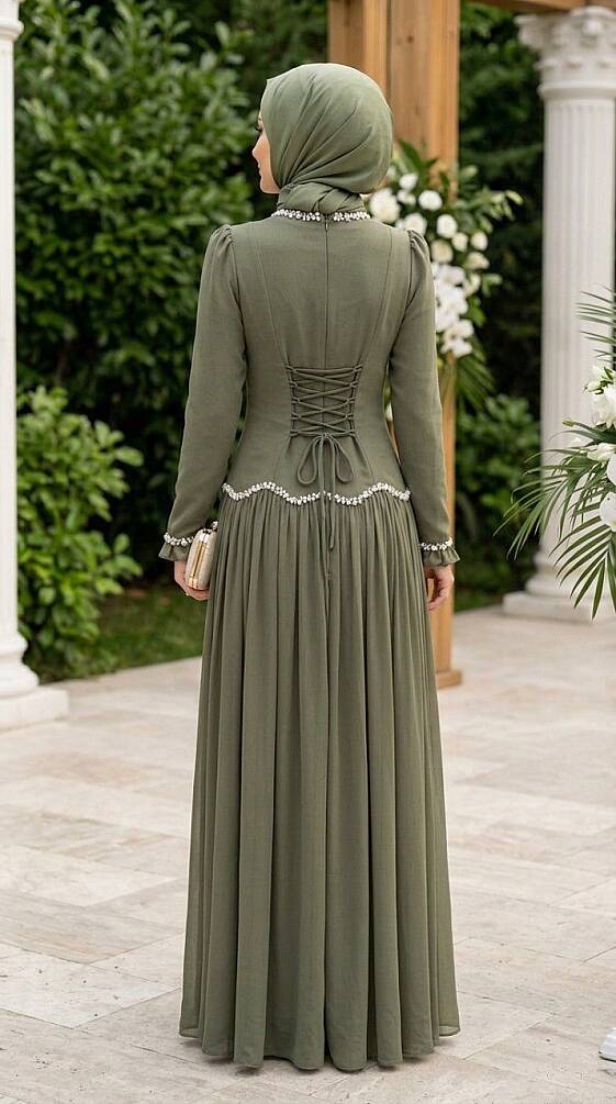 Modest Evening Dress - Bead Detailed Almond Green Modest Evening Dress 55212CY - 2