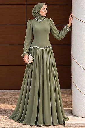 Modest Evening Dress - Bead Detailed Almond Green Modest Evening Dress 55212CY 