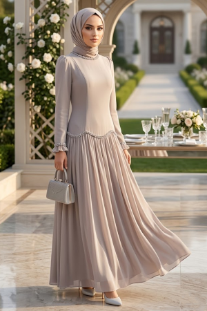 Modest Evening Dress - Bead Detailed Beige Modest Evening Dress 55212BEJ 