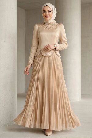 Modest Evening Dress - Bead Detailed Beige Modest Evening Dress 55651BEJ 