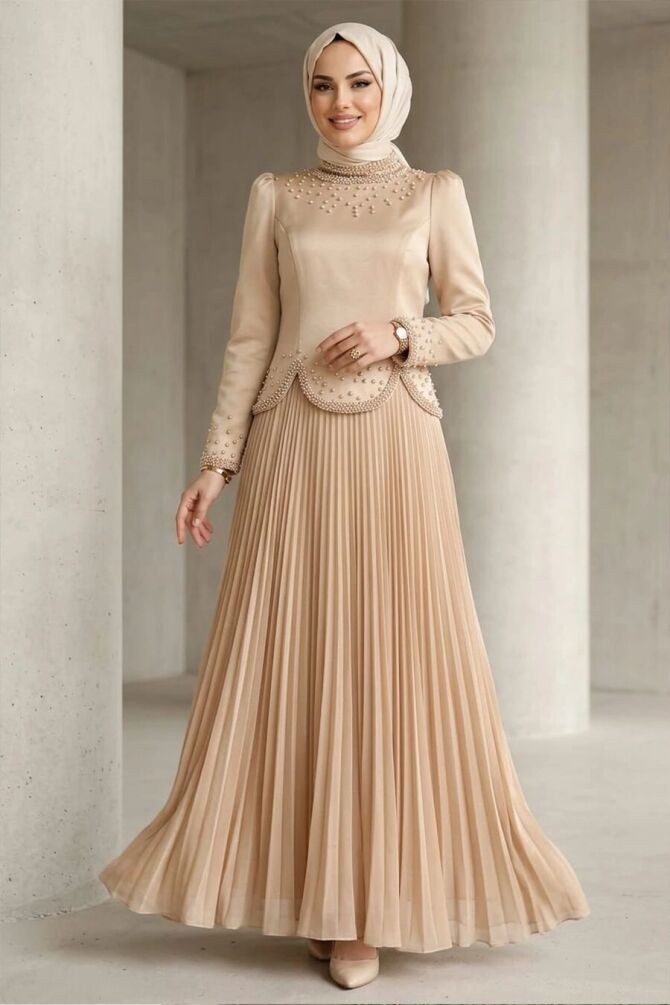 Modest Evening Dress - Bead Detailed Beige Modest Evening Dress 55651BEJ - 1
