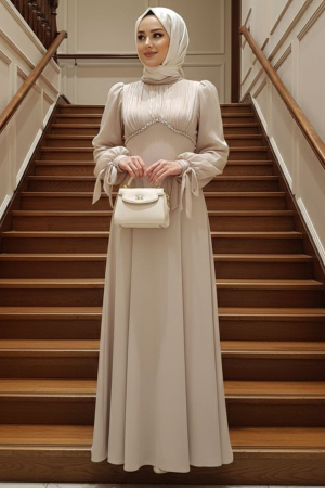 Modest Evening Dress - Bead Detailed Beige Modest Evening Dress 55701BEJ - 1