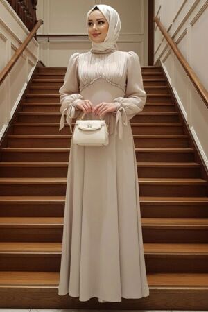 Modest Evening Dress - Bead Detailed Beige Modest Evening Dress 55701BEJ 