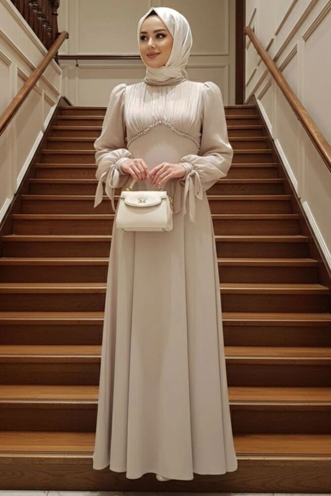 Modest Evening Dress - Bead Detailed Beige Modest Evening Dress 55701BEJ - 1