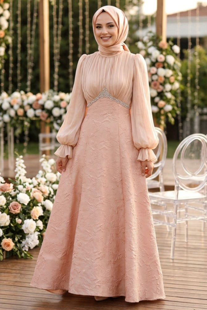 Modest Evening Dress - Bead Detailed Beige Modest Evening Dress 80178BEJ - 1