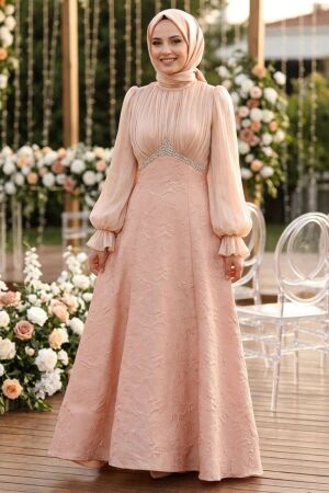 Modest Evening Dress - Bead Detailed Beige Modest Evening Dress 80178BEJ 