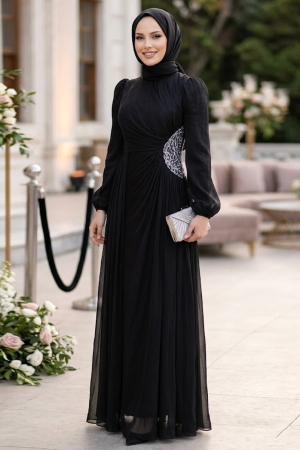 Modest Evening Dress - Bead Detailed Black Modest Evening Dress 47561S 