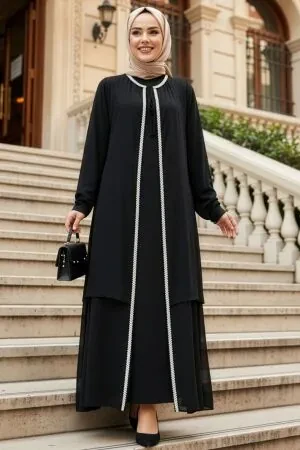Modest Evening Dress - Bead Detailed Black Modest Evening Dress 47861S - 1