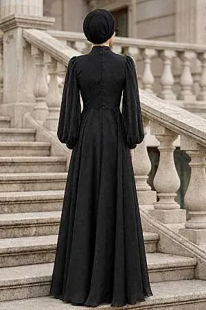 Modest Evening Dress - Bead Detailed Black Modest Evening Dress 4876S - 2
