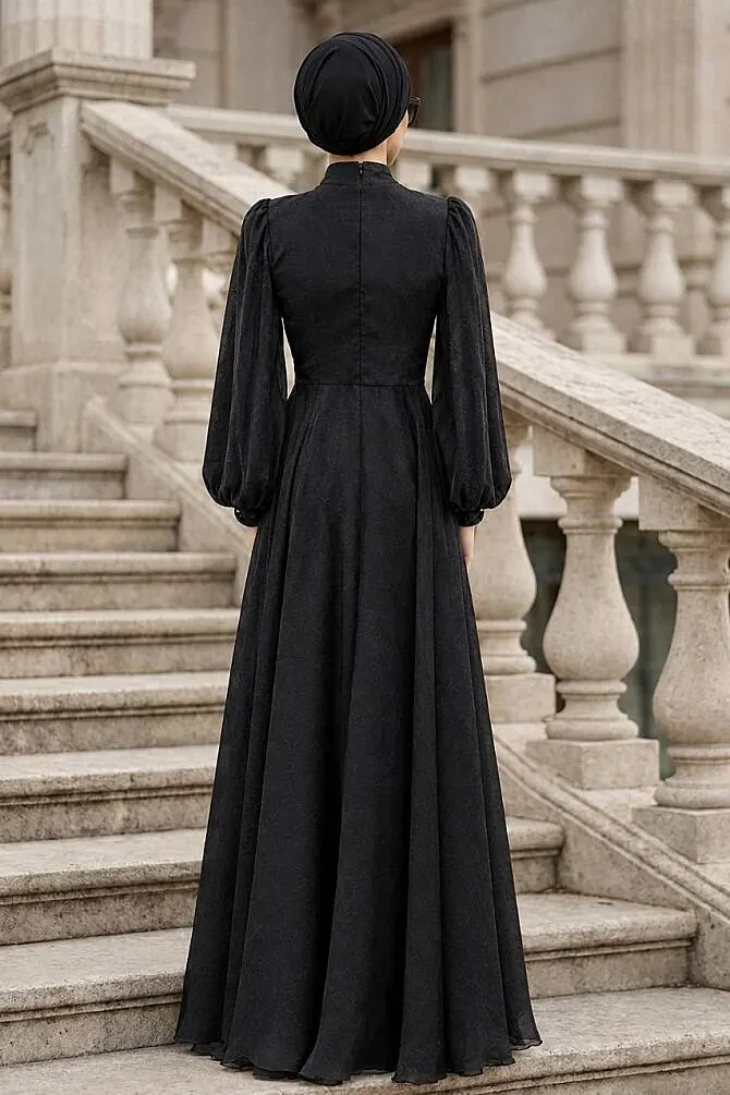 Modest Evening Dress - Bead Detailed Black Modest Evening Dress 4876S - 2