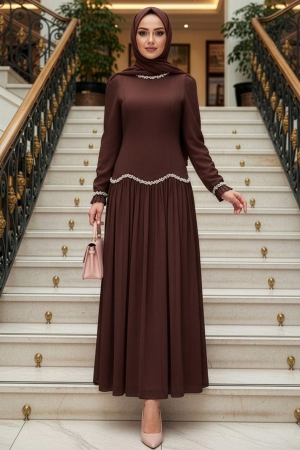 Modest Evening Dress - Bead Detailed Brown Modest Evening Dress 55212KH - 1