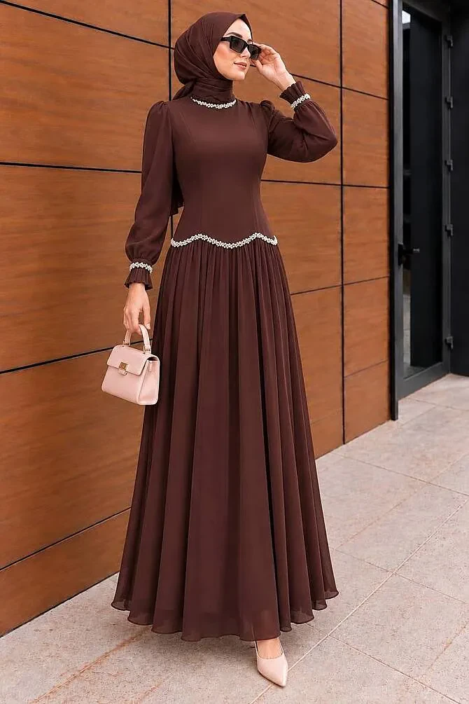 Modest Evening Dress - Bead Detailed Brown Modest Evening Dress 55212KH - 1