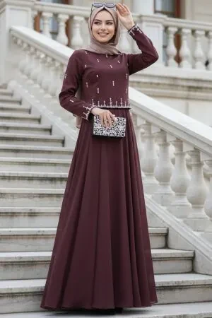 Modest Evening Dress - Bead Detailed Brown Modest Evening Dress 55721KH 