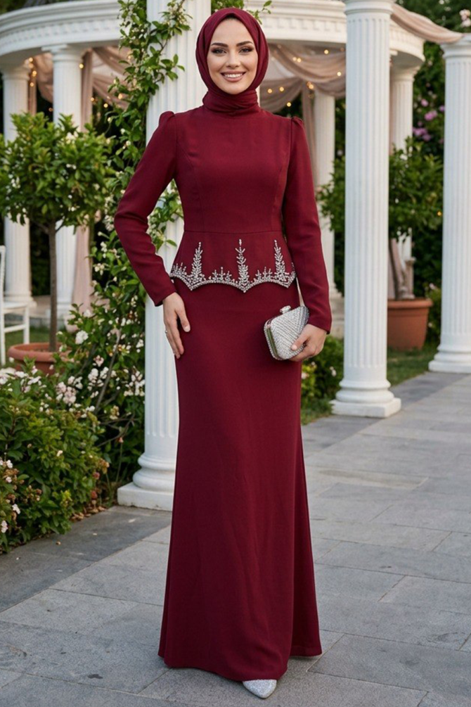 Modest Evening Dress - Bead Detailed Burgundy Modest Evening Dress 54191BR - 1
