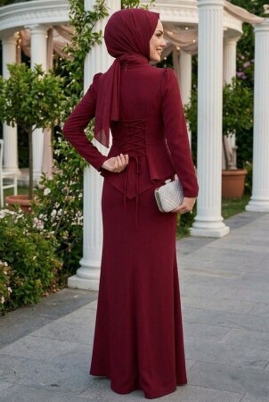 Modest Evening Dress - Bead Detailed Burgundy Modest Evening Dress 54191BR - 2