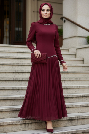 Modest Evening Dress - Bead Detailed Burgundy Modest Evening Dress 55212BR 