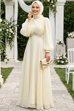 Modest Evening Dress - Bead Detailed Cream Modest Evening Dress 4876KR 