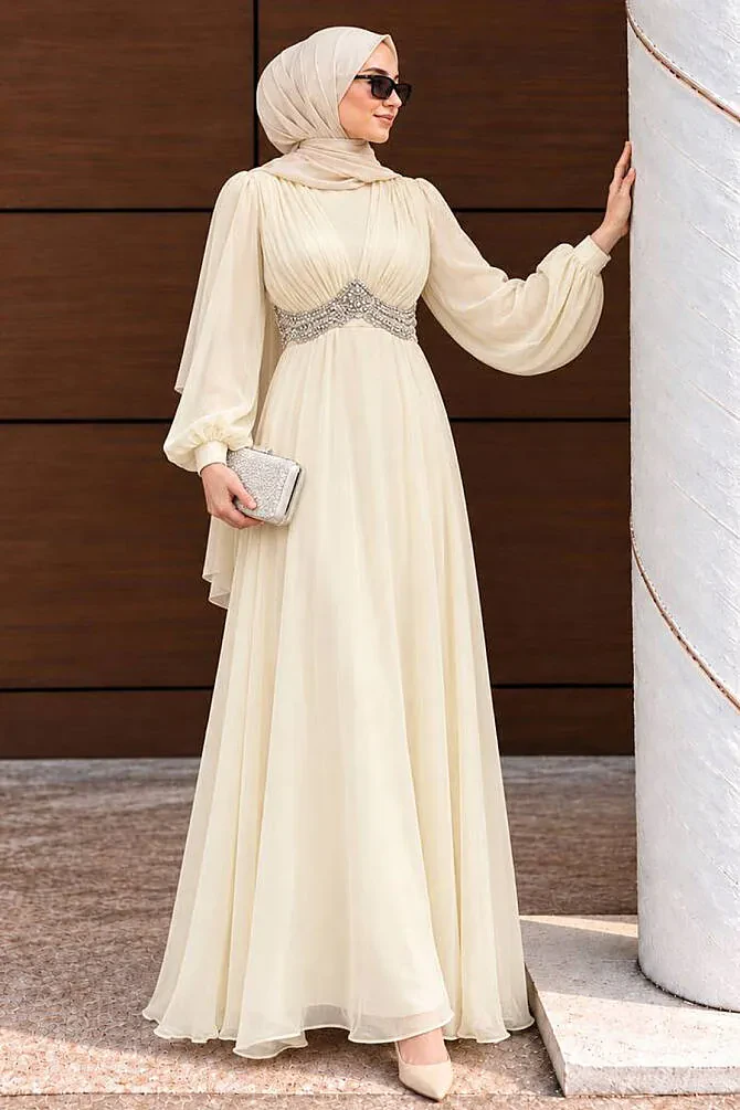 Modest Evening Dress - Bead Detailed Ecru Modest Evening Dress 4876E - 1