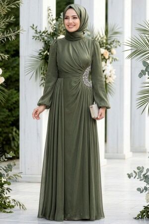 Modest Evening Dress - Bead Detailed Khaki Modest Evening Dress 47561HK 