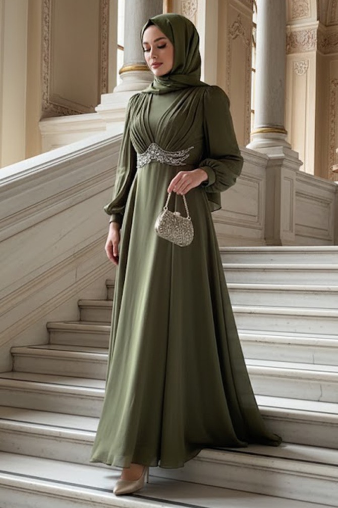 Modest Evening Dress - Bead Detailed Khaki Modest Evening Dress 4876HK - 1