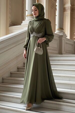 Modest Evening Dress - Bead Detailed Khaki Modest Evening Dress 4876HK 