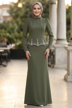 Modest Evening Dress - Bead Detailed Khaki Modest Evening Dress 54191HK 