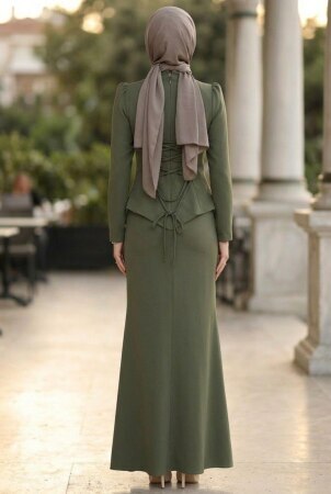 Modest Evening Dress - Bead Detailed Khaki Modest Evening Dress 54191HK - 2
