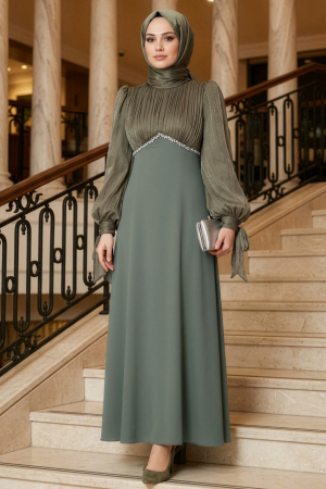 Modest Evening Dress - Bead Detailed Khaki Modest Evening Dress 55701HK 