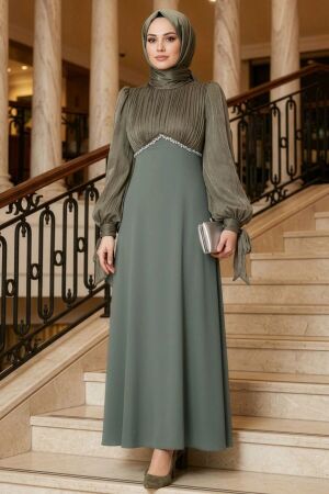 Modest Evening Dress - Bead Detailed Khaki Modest Evening Dress 55701HK 